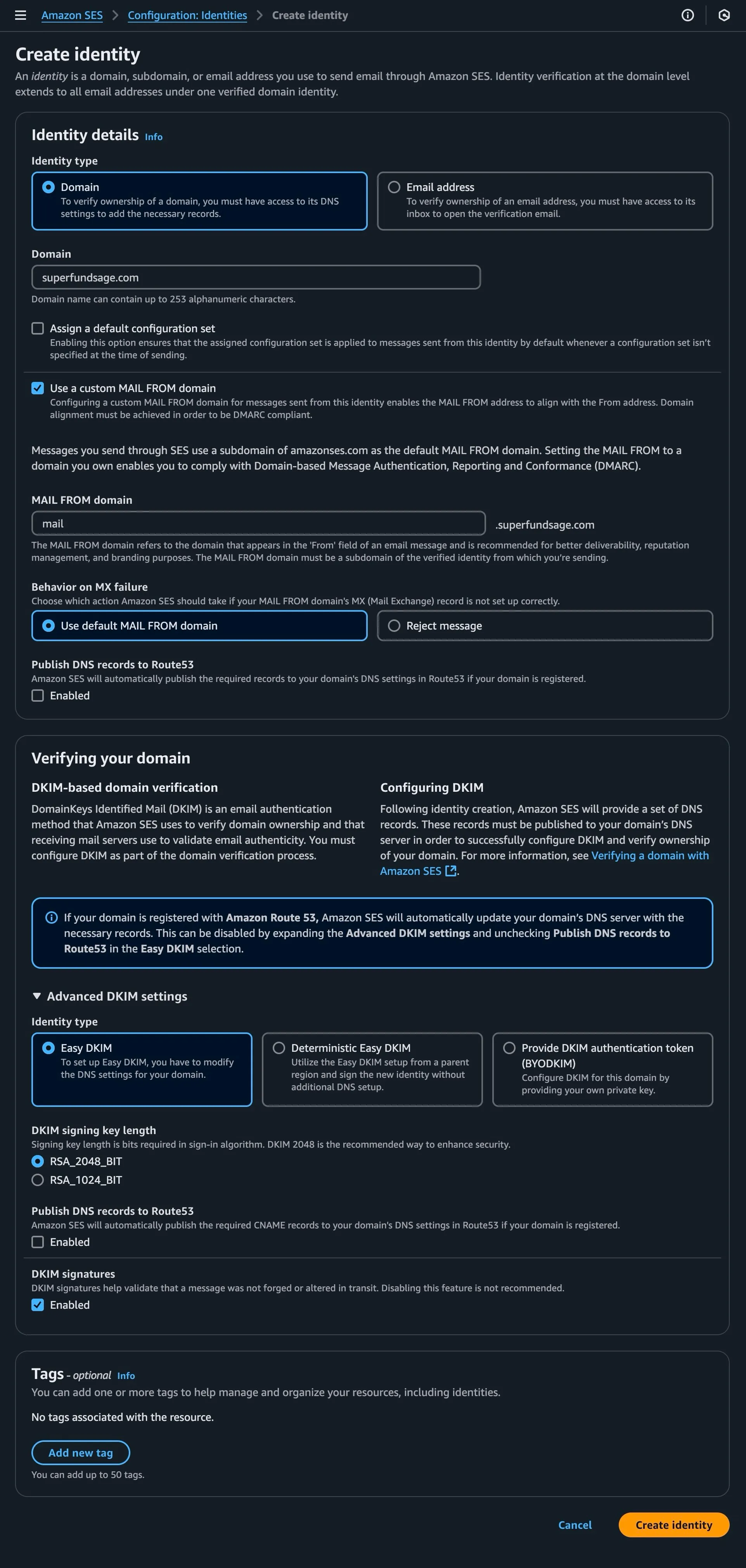 Creating a new domain identity in SES